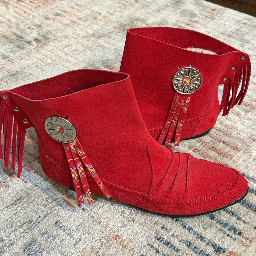 Red Suede Ankle Boots with Fringe Detail